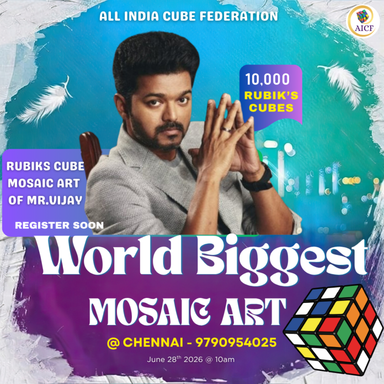 Be part of the World's Biggest Rubik's Cube Mosaic Art! Create history with 10,000 Rubik's Cubes featuring the Honourable Chief Minister of Tamil Nadu, Thiru C. Joseph Vijay.